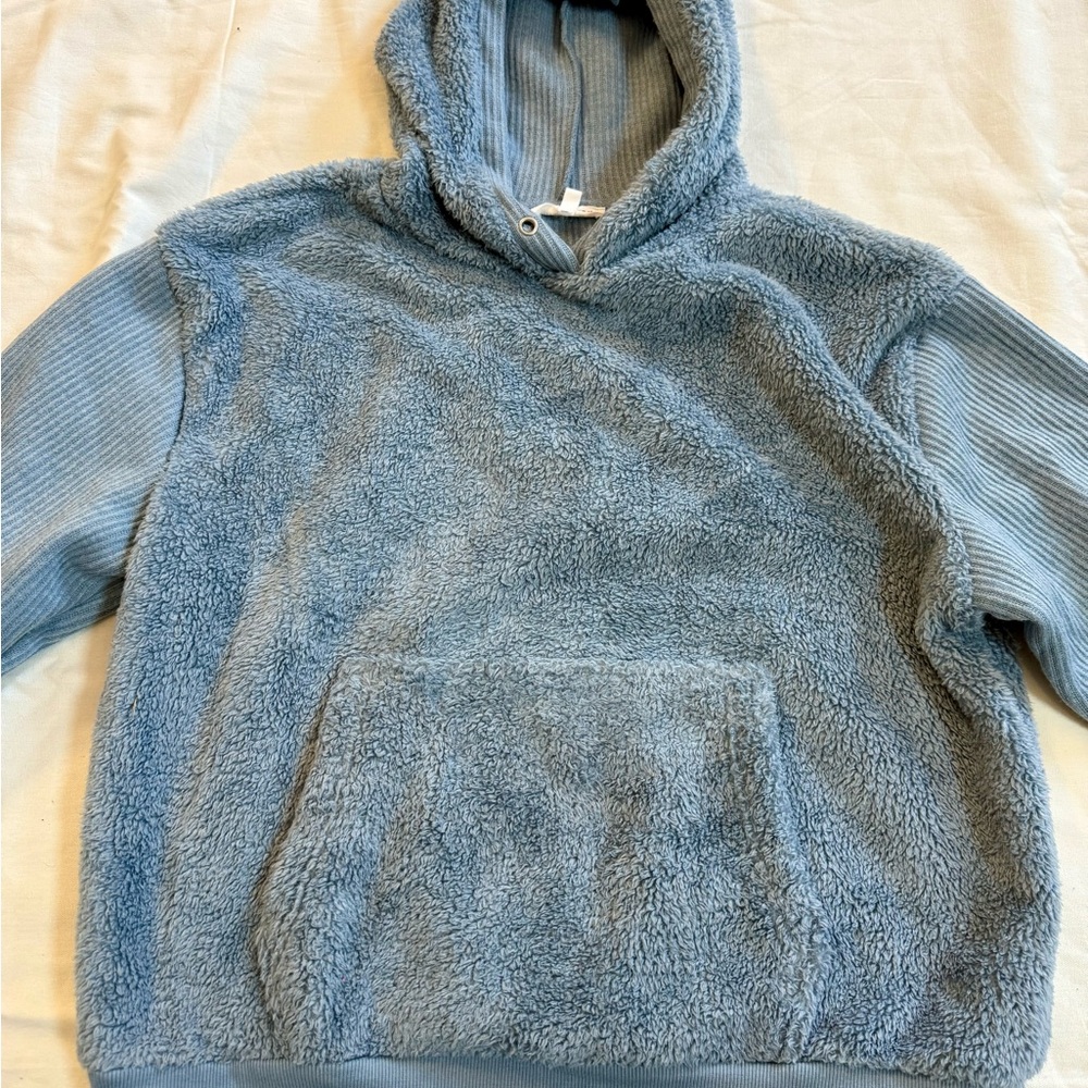 Workshop Republic Clothing Blue Faux Fur Hoodie Pullover Size L Cozy Ribbed Knit